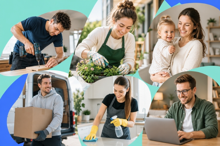 Collage mit typischen lokalen Dienstleistungen in der Schweiz: Handwerker, Gartenpflege, Kinderbetreuung, Umzug, Reinigung und IT-Unterstützung aus der KnowS Community.