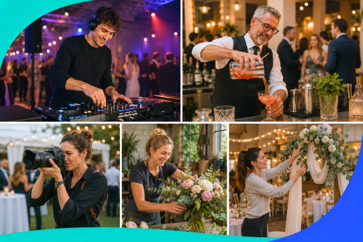 DJ, Barkeeper, Eventfotografin, Floristin und Eventdekorateurin bei einer Veranstaltung in der Schweiz. Collage aus dem KnowS Report «Die Schweiz hilft 2026».
