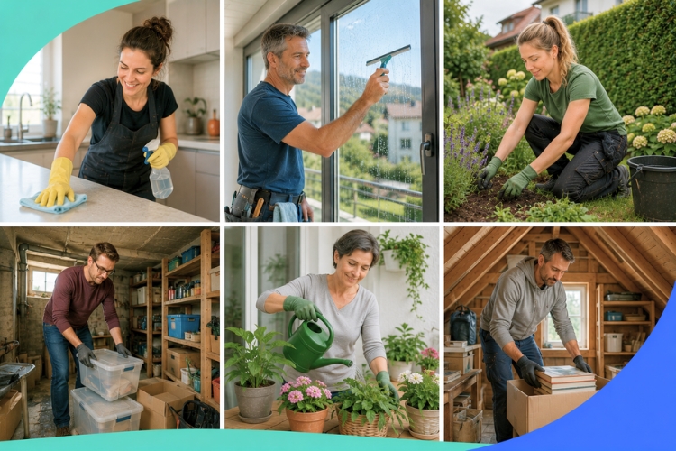 Cleaning, window cleaning, gardening, plant care, and basement and attic clearance services in Switzerland. Collage from the KnowS Report "Switzerland Helps 2026".