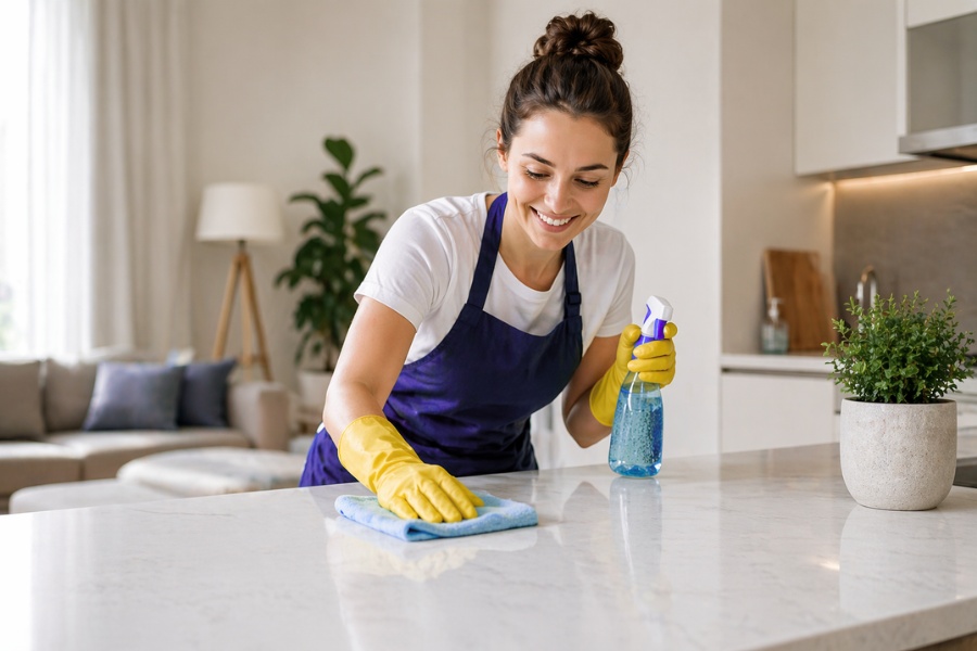 Household help cleaning an apartment in Switzerland