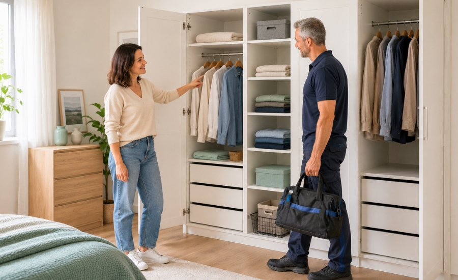 Zufriedene Kundin mit Montagehelfer vor einem montierten Kleiderschrank in Zürich