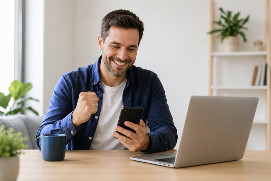 Mann erhält Anfrage auf dem Smartphone und freut sich über neuen Auftrag
