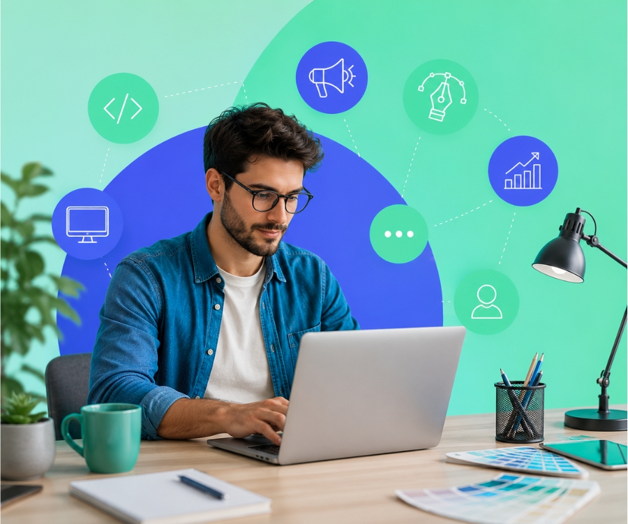 Fachperson für IT, Marketing und Design bei der Arbeit am Computer