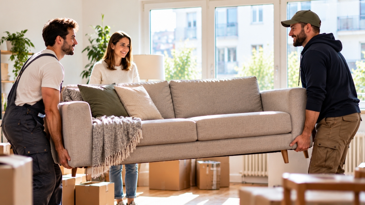 Zwei Umzugshelfer tragen ein Sofa in einer Wohnung