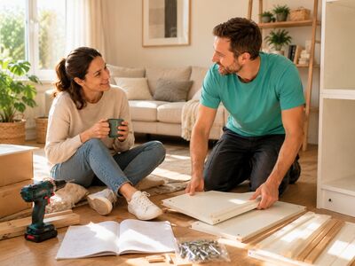Frau beobachtet zufrieden einen Dienstleister beim Möbelaufbau zuhause nach erfolgreicher Vermittlung über KnowS.