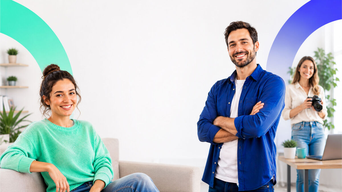 Drei lächelnde Personen in einem hellen, modernen Arbeitsumfeld, zwei im Vordergrund und eine Frau mit Kamera im Hintergrund.